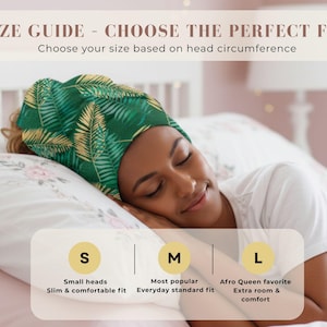 Curly Hair Sleep Bonnet by Size | Lightweight Microfiber Hair Protector for Curly Method | Day & Night Hair Care, Tropical green