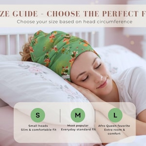 Curly Hair Sleep Bonnet by Size | Lightweight Microfiber Hair Protector for Curly Method | Day & Night Hair Care, Green with fairies goblins