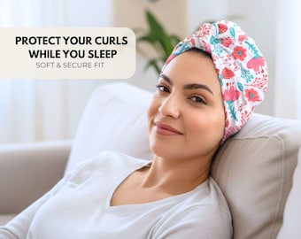 Protector de Rizos para Dormir – BASIC Talla Única | Alternativa Ligera al Gorro para Método Curly y Cuidado Diario, Flores azules y rojas