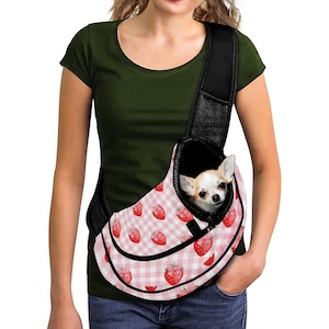 CUSTOM with NAME Dog Sling Carrier – Small Pet Crossbody Bag with Breathable Mesh, Hands-Free Puppy Travel Knapsack, strawberries print
