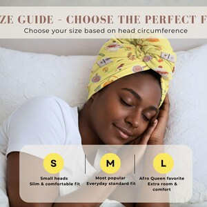 Curly Hair Sleep Bonnet by Size | Lightweight Microfiber Hair Protector for Curly Method | Day & Night Curl Care /Yellow cozy season print
