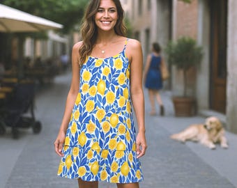 Vestido tirantes estilo Amalfi – Estampado de limones mediterráneo – Vestido de Verano azul y amarillo, Vestido ancho – Talla europea