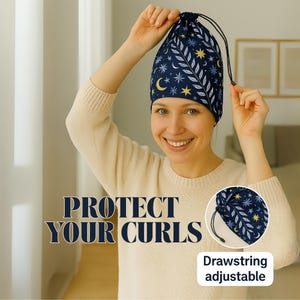 Midnight blue Adjustable Sleep Cap for Curly Hair – Hair Wrap Bonnet with Drawstring – Frizz Control, Soft and Lightweight, Mystic print