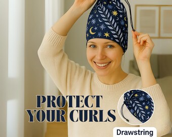 Midnight blue Adjustable Sleep Cap for Curly Hair – Hair Wrap Bonnet with  Drawstring – Frizz Control, Soft and Lightweight, Mystic print