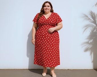 Tallas grandes vestido midi rojo floral con escote en V y manga corta, estilo casual chic cómodo y favorecedor para mujer curvy eleganteBBW