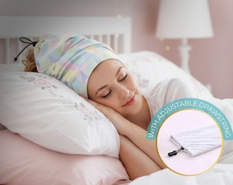 Lockenhaube mit verstellbarem Kordelzug / Lockenhaube mit geometrischem Design / Lockenschutz in Pastellfarben / Lockenzubehör