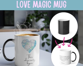 Tazza magica con mappa e testo personalizzato, idea regalo di coppia, anniversario fidanzato, tazza termica, regalo per fidanzata, regalo San Valentino