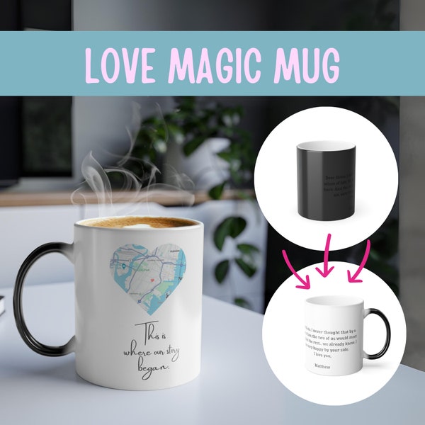 Taza mágica con mapa y texto personalizado, idea regalo pareja, aniversario novios, taza por calor, regalo para novia, regalo san valentin