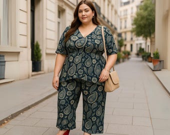 Boho Plus Size Two-Piece Outfit – Flowy V-Neck Tunic & Wide Leg Pants Set | Curvy Bohemian Clothing, Paisley Print, 2XL, 3XL, 4XL, 5XL