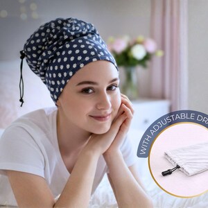 Daisies curly hair bonnet/Blue sleep cap with adjustable drawstring/ Curly hair products/ No frizz/ Wavy hair bonnet/ Curly hair sleep buff