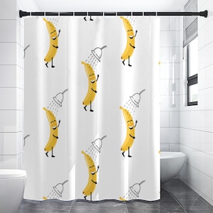 Funny shower curtain bananas under the shower, yellow and white bathroom curtain easy to wash with hooks, modern bathroom decoration