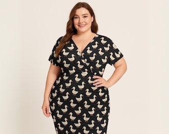 Duck Print V-Neck Pleated Plus Size Dress, Novelty Animal Dress, Elegant Black Cocktail Dress with Ducks, 2XL, 3XL, 4XL, 5XL, 6XL, 7XL