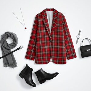 Plus Size Red Plaid Blazer Women 2XL-3XL-4XL-5XL | Black Lapel Checkered Jacket with Pockets | Curvy Fall Winter Coat for Work & Casual image 15