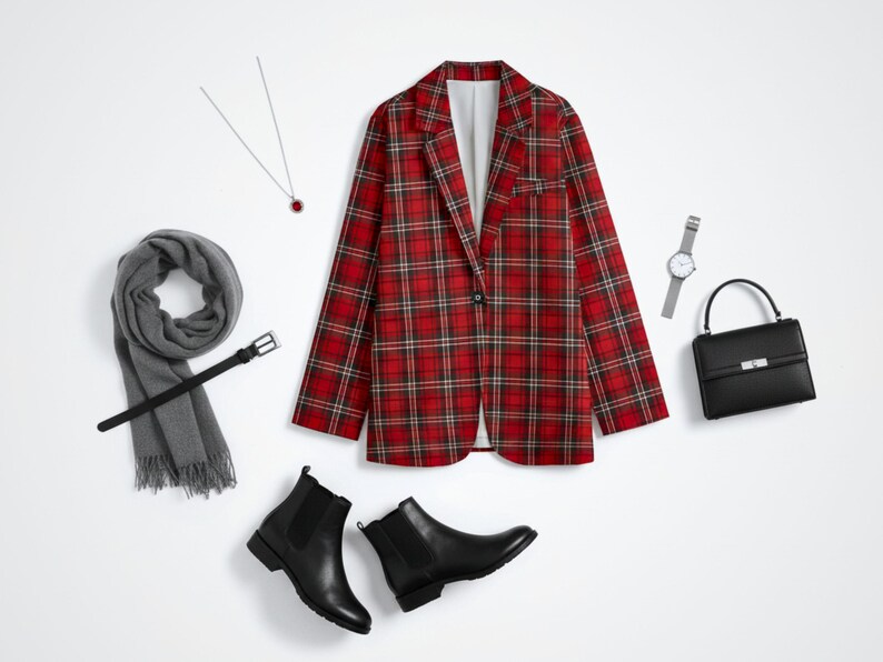 Plus Size Red Plaid Blazer Women 2XL-3XL-4XL-5XL | Black Lapel Checkered Jacket with Pockets | Curvy Fall Winter Coat for Work & Casual image 15