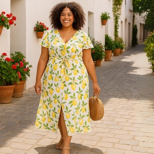Puede incluir: Una mujer con un vestido midi blanco con estampado de limones amarillos, mangas cortas y cintura anudada. Lleva un bolso redondo tejido y sandalias. El fondo muestra una calle adoquinada y plantas en macetas.