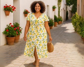 Plus Size Lemon Print Maxi Dress – White & Yellow, Relaxed Fit with Waist Tie, Lightweight Summer Outfit, 2XL, 3XL, 4XL, 5XL, 6XL, 7XL