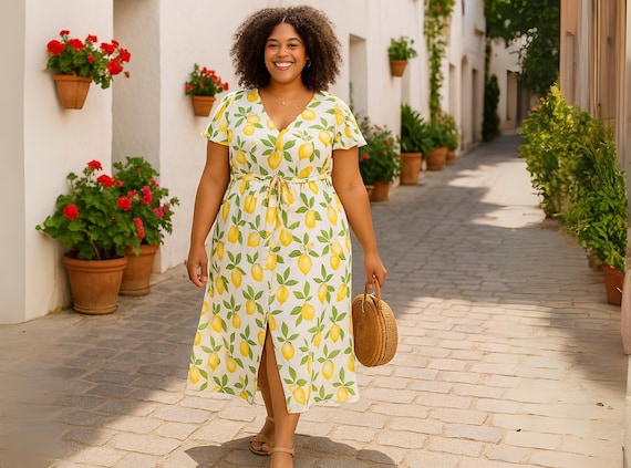 white christmas dresses The Marion Button Front Cotton Midi Dress in Blue White Lemon Print main image 0