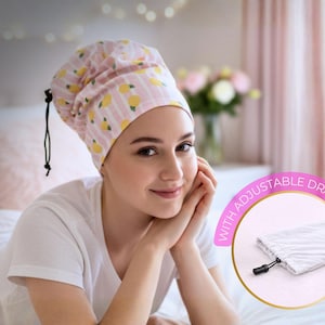 Lemons pattern curly hair sleeve hair/ Sleep cap with adjustable drawstring/ Curly hair products/ Lemons bonnet/ Girly curly hair sleep buff