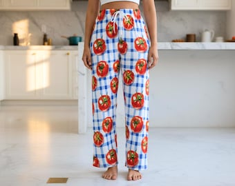 Dames katoenen broek met tomatenprint – Italiaanse markt, wijde pijpen, zomerbroek in mediterrane chique stijl, moderne loungewear