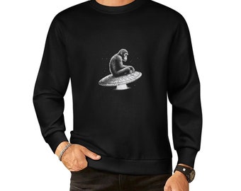 Leichtes UFO-Sweatshirt, schwarz-weißes Jungen-Sweatshirt mit fliegender Untertasse und einsamem Affen, ästhetische Kleidung für Jungen, Geschenkidee zum Geburtstag des Freundes