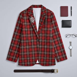 Blazer rosso a quadri taglie forti da donna | Blazer curvy taglie forti con risvolto | Elegante giacca con stampa tartan per autunno/inverno