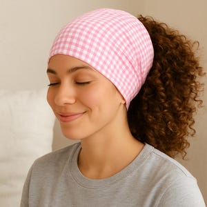 Pink gingham curly hair bonnet/ Sleep cap with adjustable drawstring/ Curly hair products/ Girly bonnet,  Curly hair sleep cap, Sleeve hair