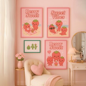 Strawberry and Cactus Wall Art Set of 4 – Colorful Botanical Prints – Unframed Posters – Kitchen or Living Room Decor, Y2K style