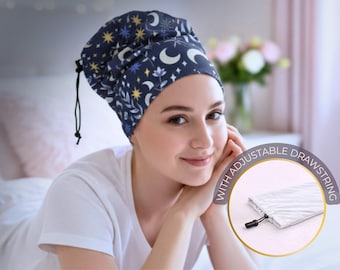 Protector para dormir con pelo rizado, Gorro azul para rizos con cordón ajustable. Accesorios para el cabello rizado. Estampado azul magia