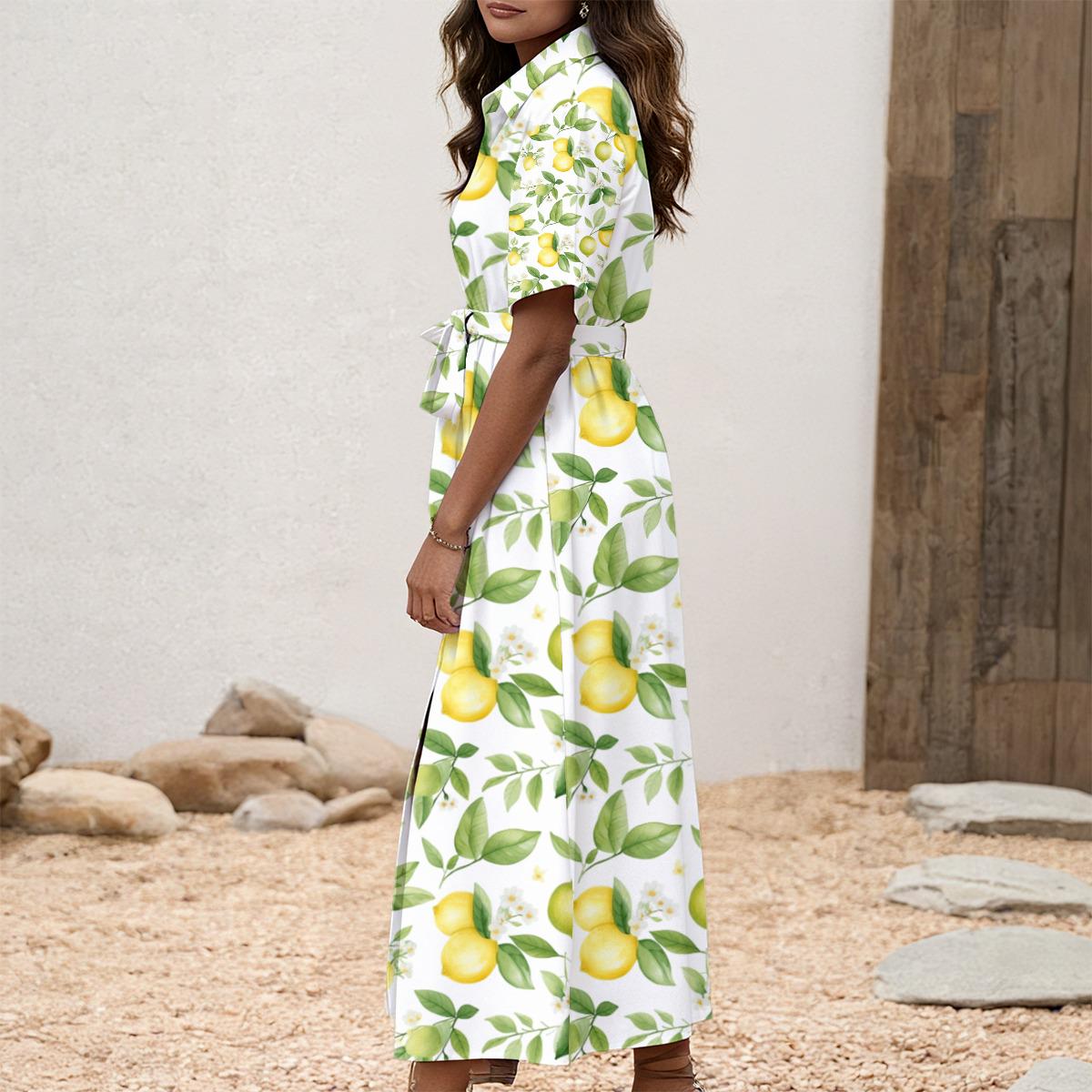 Plus Size Lemon Print Maxi Dress – White & Yellow, Relaxed Fit