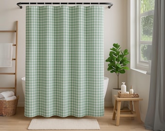 Rideau de douche vert Vichy 72x80 | Décoration de salle de bain style ferme | Rideau de douche rustique avec crochets