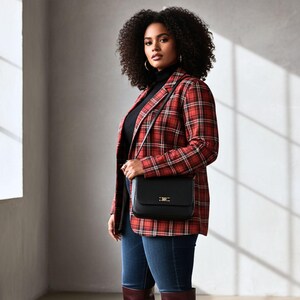 Plus Size Red Plaid Blazer Women 2XL-3XL-4XL-5XL | Black Lapel Checkered Jacket with Pockets | Curvy Fall Winter Coat for Work & Casual image 3
