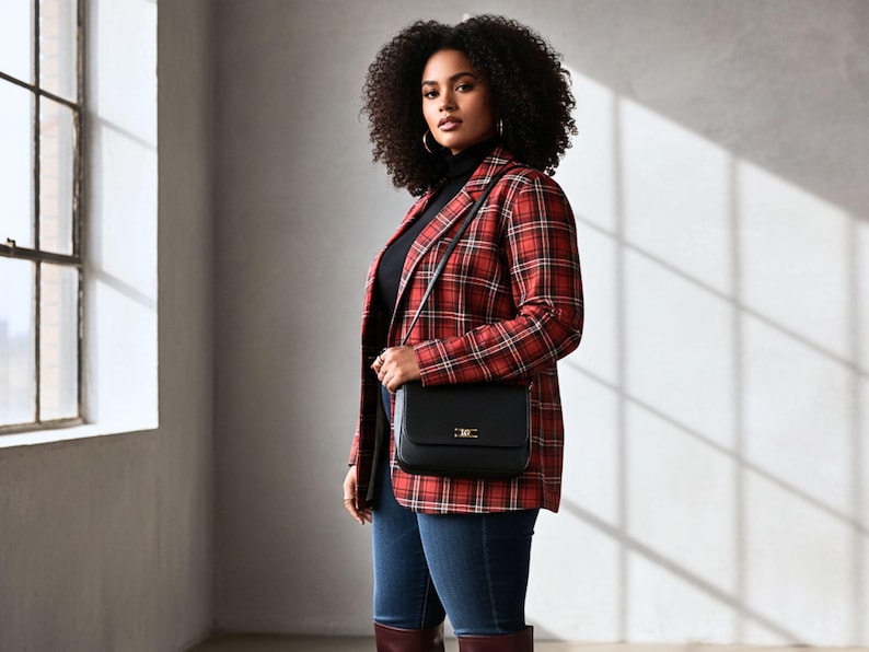Plus Size Red Plaid Blazer Women 2XL-3XL-4XL-5XL | Black Lapel Checkered Jacket with Pockets | Curvy Fall Winter Coat for Work & Casual image 3
