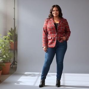 Plus Size Red Plaid Blazer Women 2XL-3XL-4XL-5XL | Black Lapel Checkered Jacket with Pockets | Curvy Fall Winter Coat for Work & Casual image 5