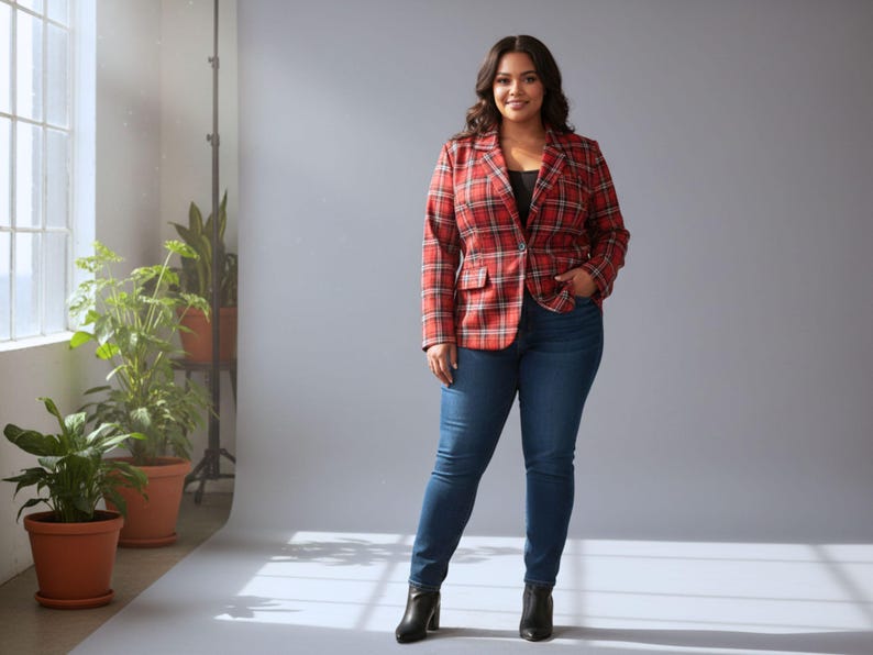 Plus Size Red Plaid Blazer Women 2XL-3XL-4XL-5XL | Black Lapel Checkered Jacket with Pockets | Curvy Fall Winter Coat for Work & Casual image 5