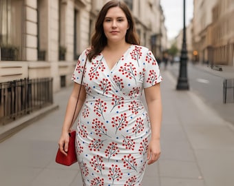 Elegantes, weiß-rotes Wickelkleid in Midi-Länge mit V-Ausschnitt in Übergröße (Größe XXL), perfekt für Partys, Cocktails oder als Hochzeitsgast.