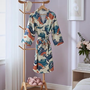 Women’s Robe & Slippers Set – Japanese Wave Design,Cozy and Anti-Slip | Perfect Gift for women. Japanese style clothe birthday gift for wife