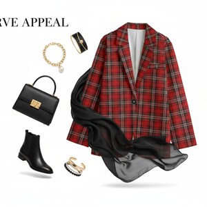 Plus Size Red Plaid Blazer Women 2XL-3XL-4XL-5XL | Black Lapel Checkered Jacket with Pockets | Curvy Fall Winter Coat for Work & Casual