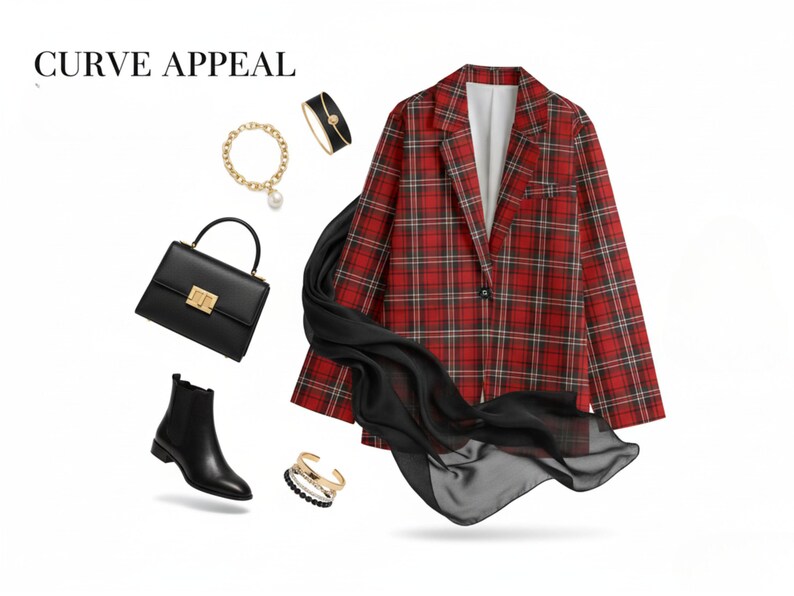 Plus Size Red Plaid Blazer Women 2XL-3XL-4XL-5XL | Black Lapel Checkered Jacket with Pockets | Curvy Fall Winter Coat for Work & Casual