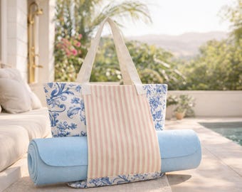 Blue Toile Yoga Mat Bag • Large Pilates Tote Carrier • Sturdy & Eco Friendly Yoga Accessory • Gift for Yoga Teacher • Durable Gym Tote Bag