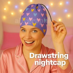 Purple sleep cap/ Hearts Bonnet for sleeping with adjustable drawstring. Curly hair products. Frizz control/ Purple hearts print
