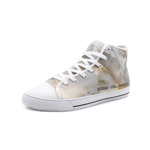 High-top canvas sneakers with a Christian phrase, unisex canvas shoes, sneakers with the phrase &quot;Blessed and highly favored&quot;, catholic gift