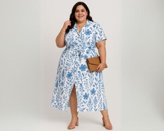 Plus Size Blue Floral Shirt Dress for Curvy Women, Summer Midi Dress with Tie Waist, Lightweight Vacation Outfit Perfect for Everyday Wear
