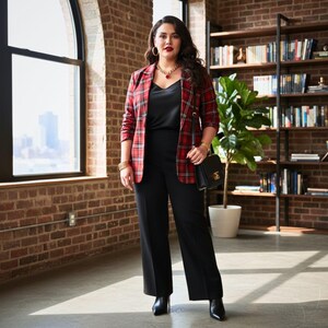 Plus Size Red Plaid Blazer Women 2XL-3XL-4XL-5XL | Black Lapel Checkered Jacket with Pockets | Curvy Fall Winter Coat for Work & Casual image 10