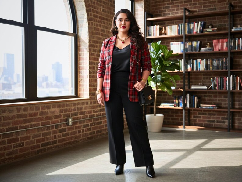 Plus Size Red Plaid Blazer Women 2XL-3XL-4XL-5XL | Black Lapel Checkered Jacket with Pockets | Curvy Fall Winter Coat for Work & Casual image 10