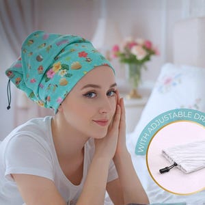 Adjustable Sleep Cap for Curly Hair – Night Hair Wrap Bonnet with Drawstring – Frizz Control, Secure Fit hair sleeve, Surf print