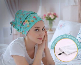 Adjustable Sleep Cap for Curly Hair – Night Hair Wrap Bonnet with Drawstring – Frizz Control, Secure Fit hair sleeve, Surf print