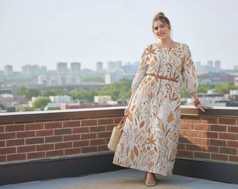 Plus Size Terracotta Floral Maxi Dress 3XL-5XL | Boho Curvy Women Long Sleeve Flowy Fit Vacation & Casual Chic 2XL, 3XL, 4XL, 5XL