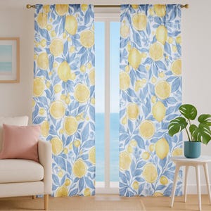 Sheer Lemon Window Curtain Panel – Mediterranean Style – 50x84 in | Amalfi core decor– Blue & Yellow Kitchen or Living Room Decor