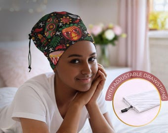 Touca de dormir para cabelos cacheados/ Protetor capilar com design africano e cordão ajustável/ Acessórios e presentes para cabelos cacheados/ Touca de dormir