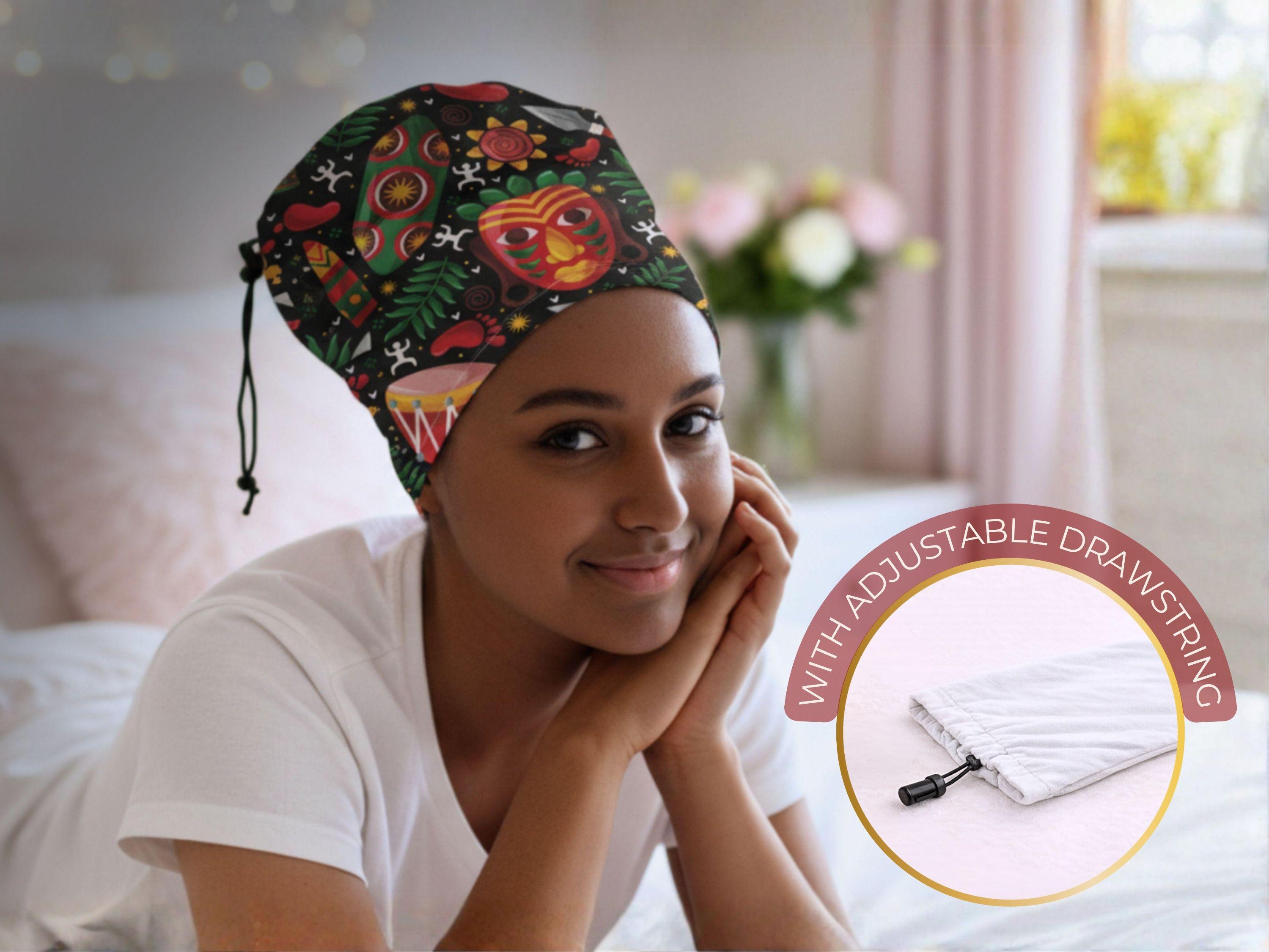 African Print Curly Hair Sleep Cap. Bonnet With Adjustable Drawstring ...